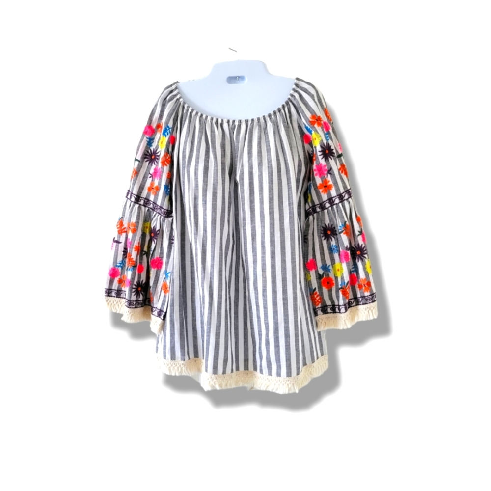 Ali Miles | Colorful Boho Floral Embroidered Striped Fringe Bell Sleeve Top